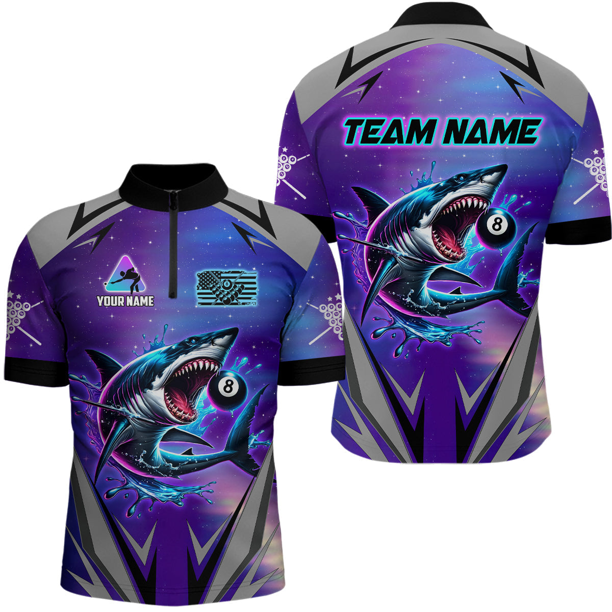Blisscorners Personalized Shark 8 Ball Pool Billiard Shirt For Men Custom Purple Blue Billiard Team Jersey LM1307