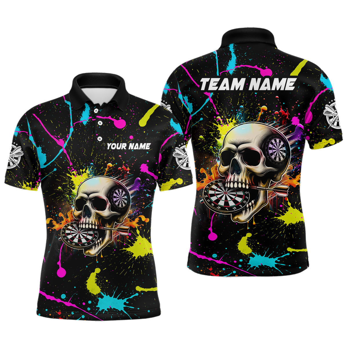 Blisscorners Personalized Funny Skull Colorful Paint Dart Shirt For Men Custom Darts Team Jersey Polo & 1/4 Zip LM2206