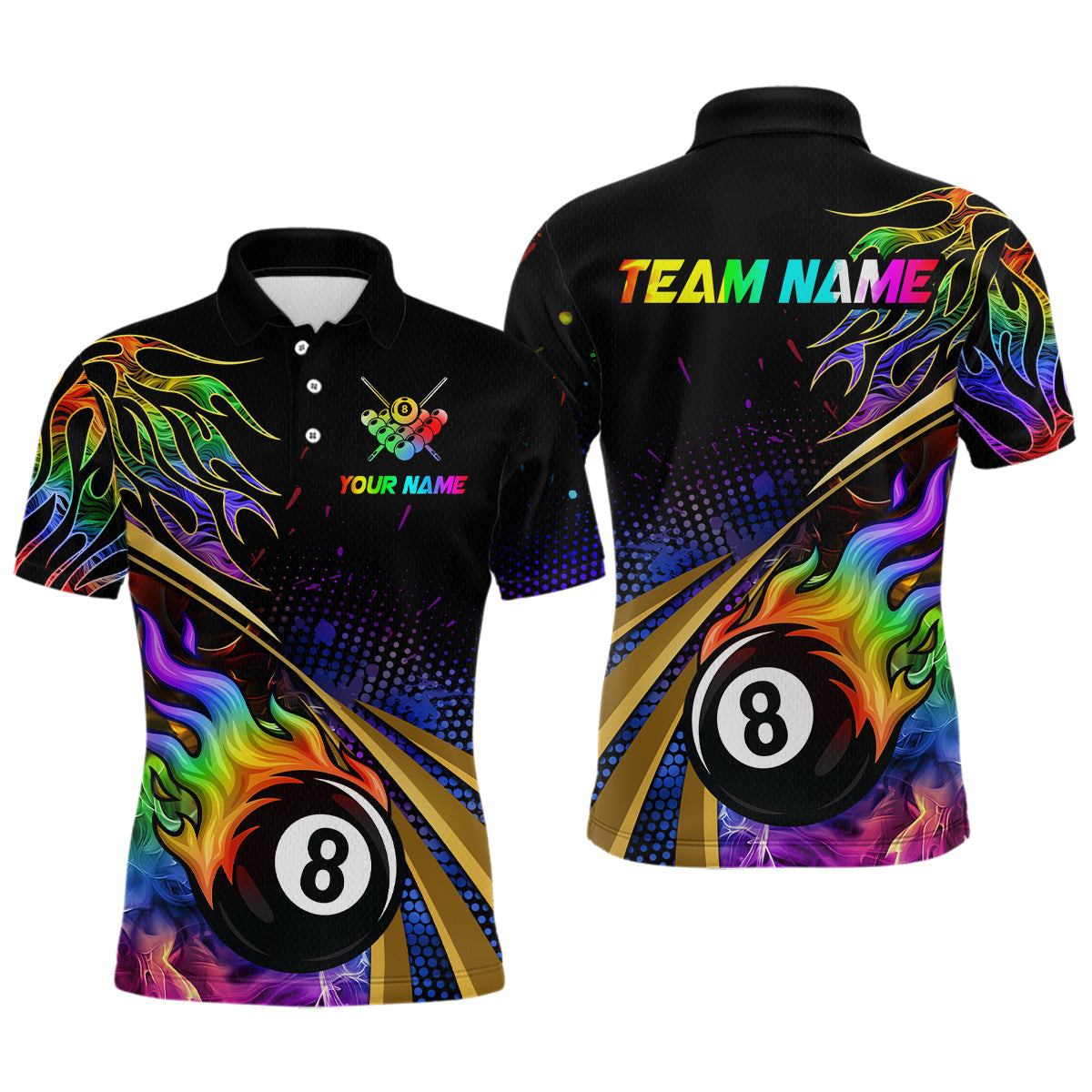 Blisscorners Personalized Colorful Flame 8 Ball Billiard Shirt For Men Custom Pool Team Jerseys Polo & 1/4 Zip  LM2206