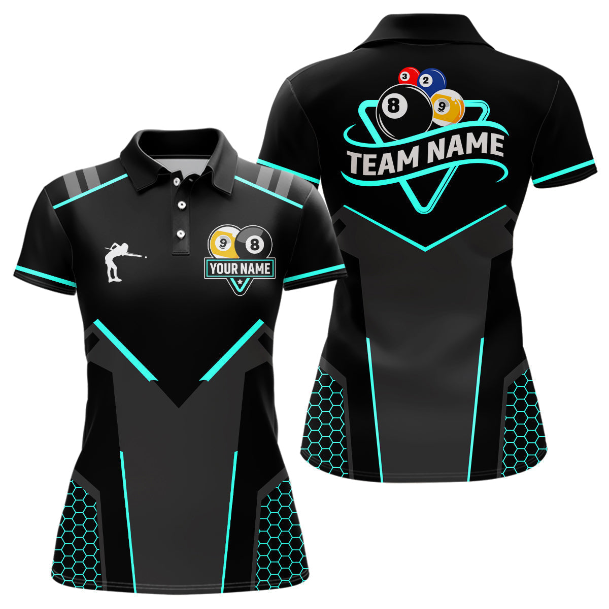 Blisscorners Personalized 8 Ball & 9 Ball Pool Billiard Polo, 1/4 Zip For Men Custom Billiard Jersey|Turquoise