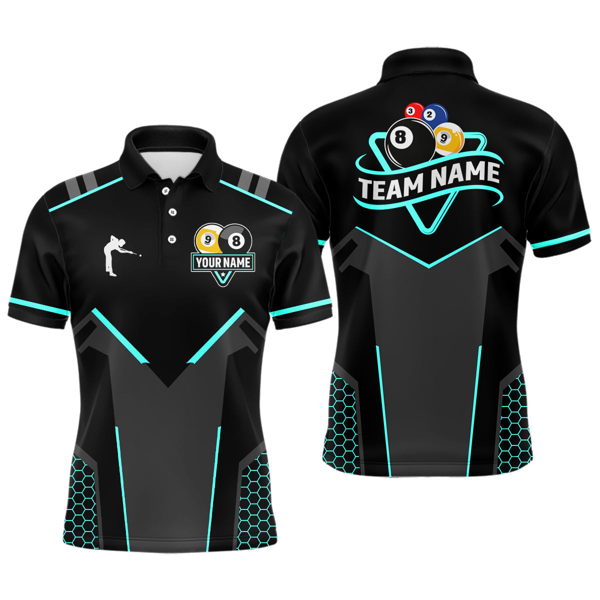 Blisscorners Personalized 8 Ball & 9 Ball Pool Billiard Polo, 1/4 Zip For Men Custom Billiard Jersey|Turquoise