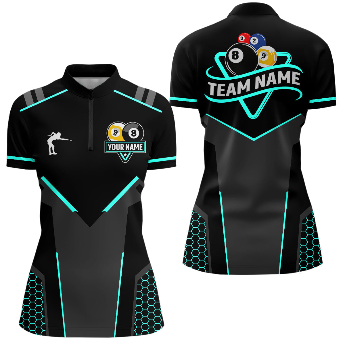 Blisscorners Personalized 8 Ball & 9 Ball Pool Billiard Polo, 1/4 Zip For Men Custom Billiard Jersey|Turquoise
