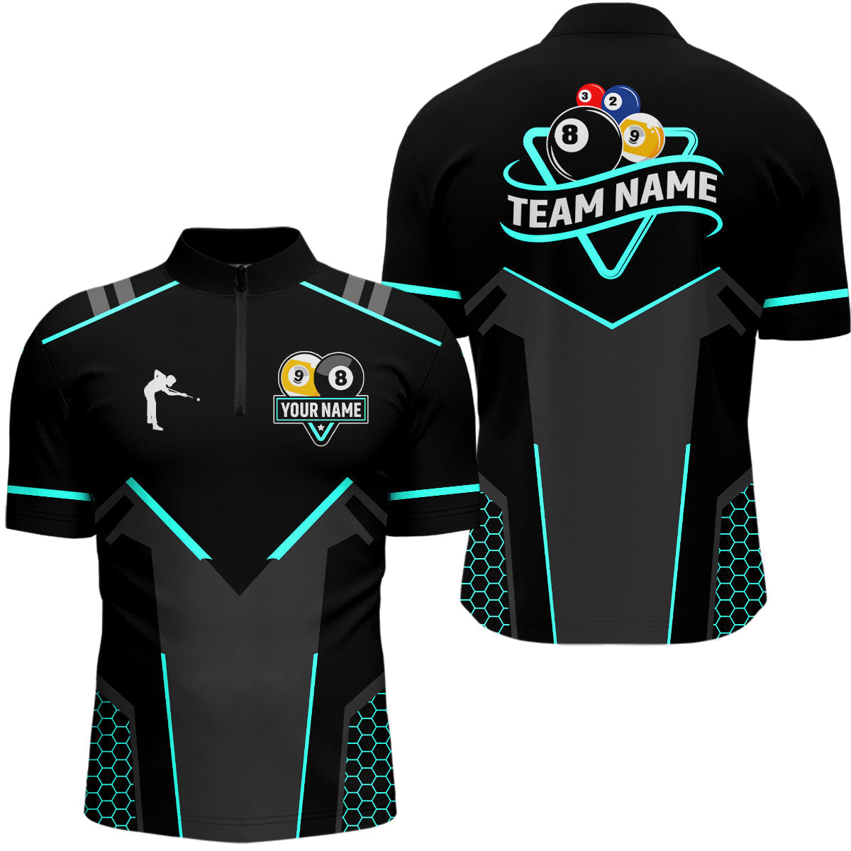 Blisscorners Personalized 8 Ball & 9 Ball Pool Billiard Polo, 1/4 Zip For Men Custom Billiard Jersey|Turquoise