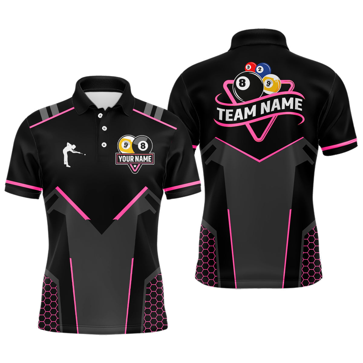 Blisscorners Personalized 8 Ball & 9 Ball Pool Billiard Polo, 1/4 Zip Custom Team Billiard Jersey|Pink