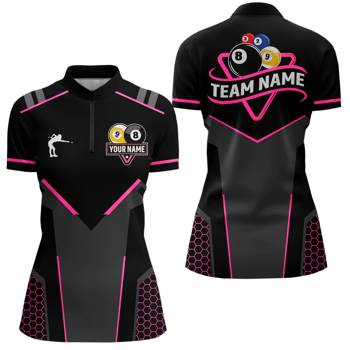 Blisscorners Personalized 8 Ball & 9 Ball Pool Billiard Polo, 1/4 Zip Custom Team Billiard Jersey|Pink