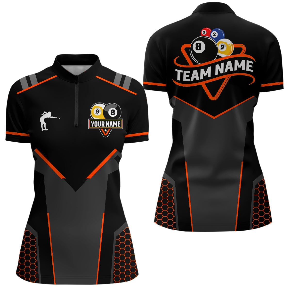 Blisscorners Personalized 8&9 Ball Pool Billiard Polo, 1/4 Zip For Mem&Women Custom Team Billiard Jersey|Orange