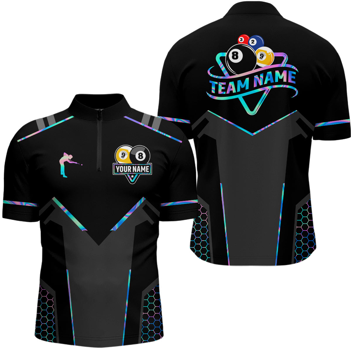 Blisscorners Personalized Holographic Billiard 8 Ball & 9 Ball Pool Polo, 1/4 Zip For Men, Billiard Team Jersey LM3006