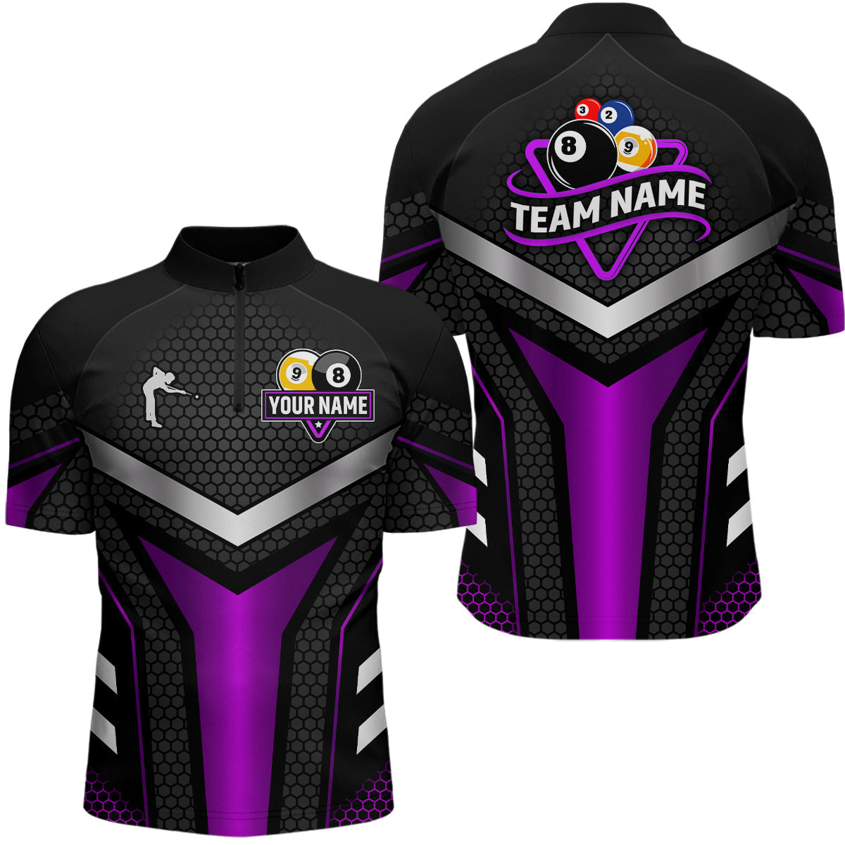 Blisscorners Personalized Billiard 8 Ball & 9 Ball Pool Polo, 1/4 Zip For Men Custom Team Billiard Jersey|Purple LM3006