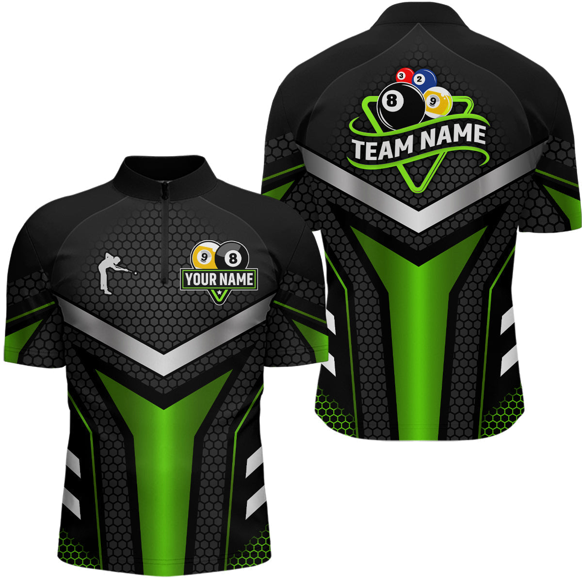 Blisscorners Personalized Billiard 8 Ball & 9 Ball Pool Polo, 1/4 Zip For Men Custom Team Billiard Jersey|Green LM3006