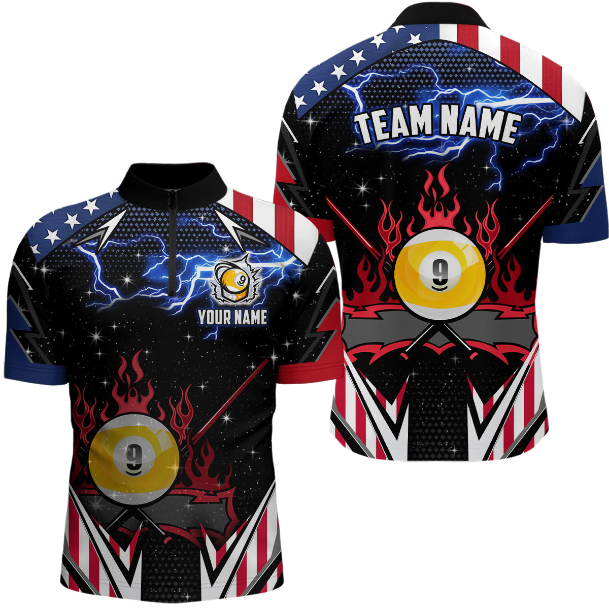 Blisscorners 9 Ball Pool Billiard Jerseys Custom Lightning American Flag Men Billiard Shirts, 9 Ball Team Shirts