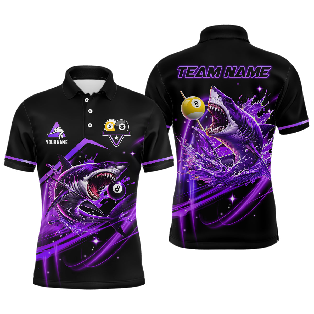 Blisscorners Purple 8 Ball & 9 Ball Pool Billiard Shark Polo & Quarter Zip For Men Custom Team Billiard Jerseys