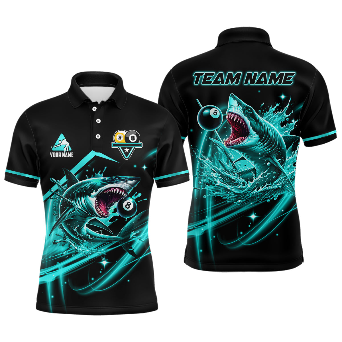 Blisscorners Turquoise 8 Ball & 9 Ball Pool Billiard Shark Polo & 1/4 Zip For Men Custom Team Billiard Jerseys