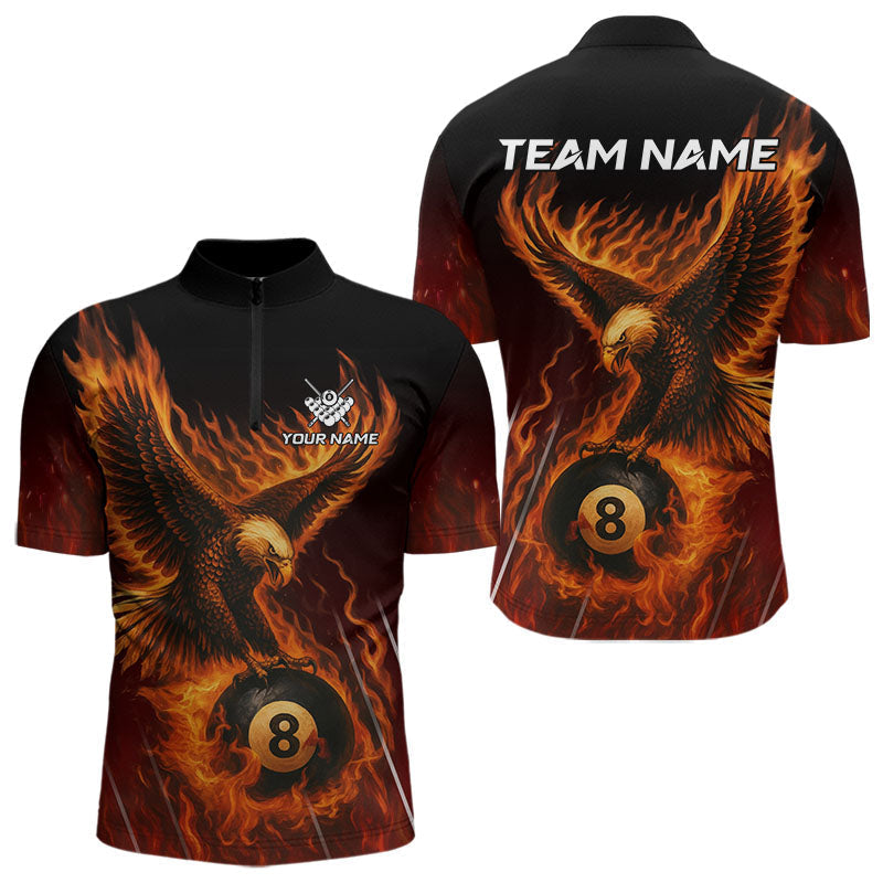 Blisscorners Customized Orange 8 Ball Fire Flame Eagle Billiard Shirt For Men, Pool Team Jersey Polo & 1/4 Zip LM2007