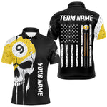 Blisscorners Personalized 9 Ball Skull Billiard Shirt For Men, American Flag Pool Team Jerseys Polo & 1/4 Zip LM3006