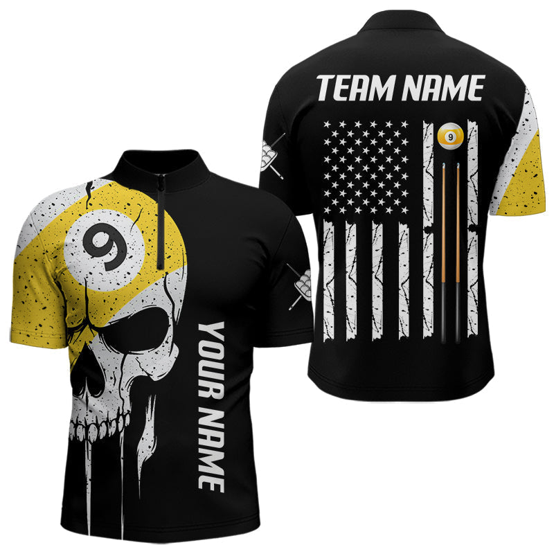 Blisscorners Personalized 9 Ball Skull Billiard Shirt For Men, American Flag Pool Team Jerseys Polo & 1/4 Zip LM3006