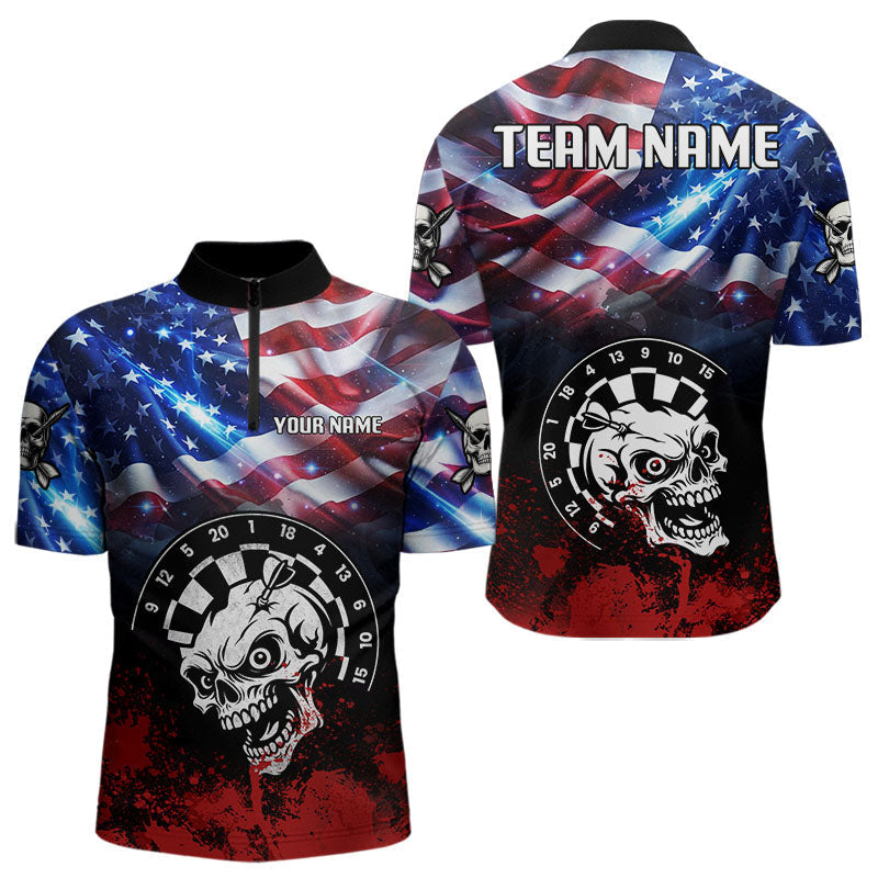 Blisscorners Personalized American Flag Funny Skull Darts Shirt For Men Custom Patriotic Darts Team JerseysLM3006