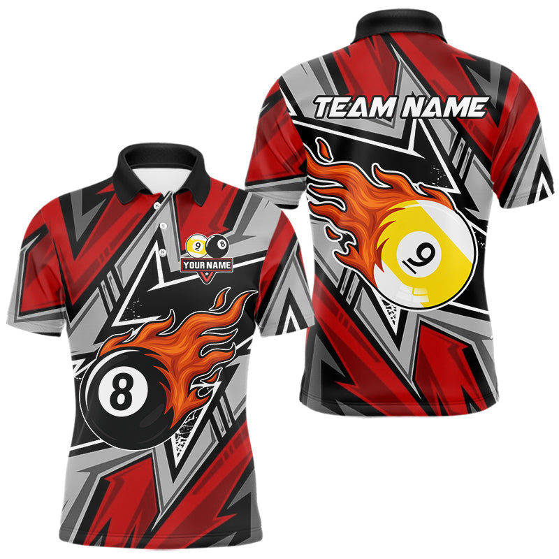 Blisscorners Personalized Men's Billiard Shirts, Flame 8&9 Ball Custom Red Zig-Zag Billiard Team Jerseys