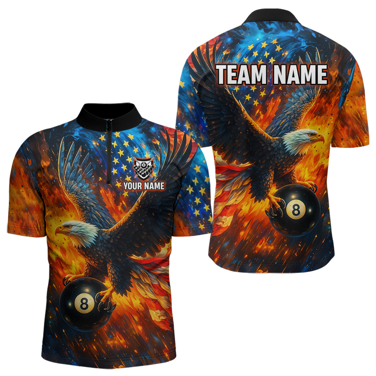 Blisscorners Personalized Flaming American Flag 8 Ball Eagle Billiard Shirt For Men, Patriotic Pool Team Jersey LM3006
