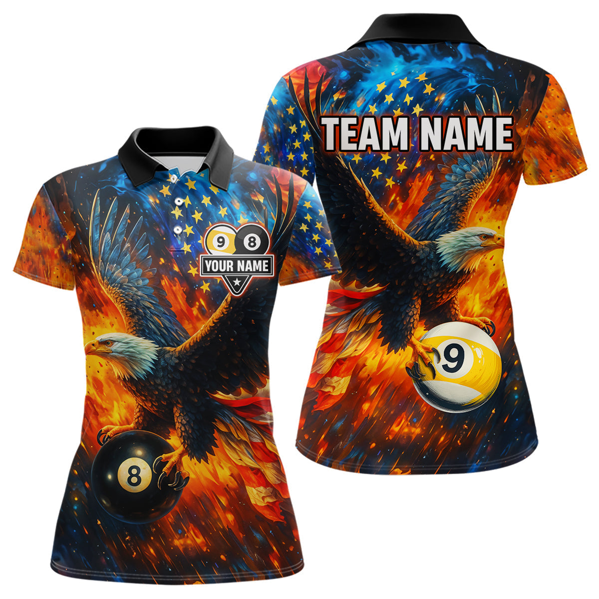 Blisscorners Personalized Orange Flaming US Flag 8 Ball & 9 Ball Eagle Billiard Shirt For Men, Pool Team Jersey LM3006