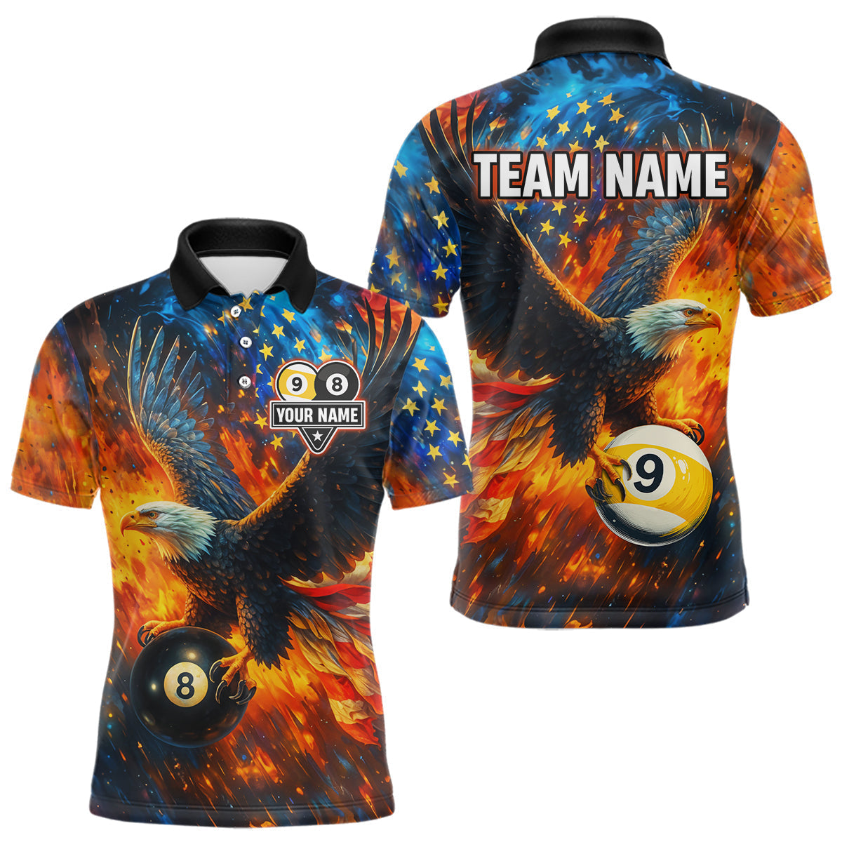 Blisscorners Personalized Orange Flaming US Flag 8 Ball & 9 Ball Eagle Billiard Shirt For Men, Pool Team Jersey LM3006