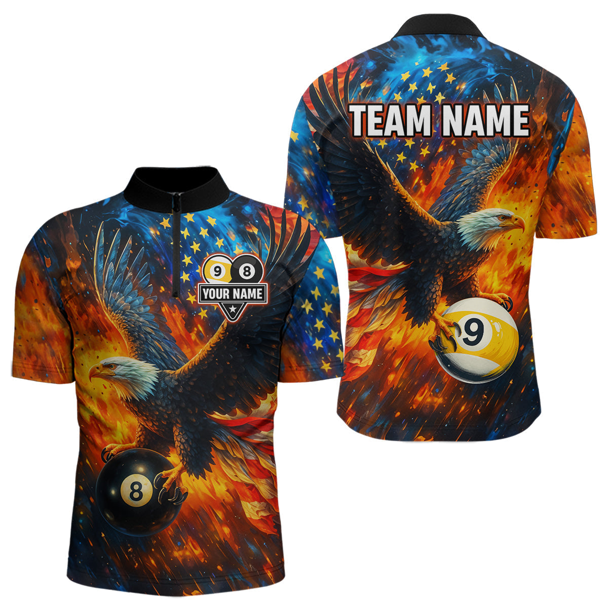 Blisscorners Personalized Orange Flaming US Flag 8 Ball & 9 Ball Eagle Billiard Shirt For Men, Pool Team Jersey LM3006
