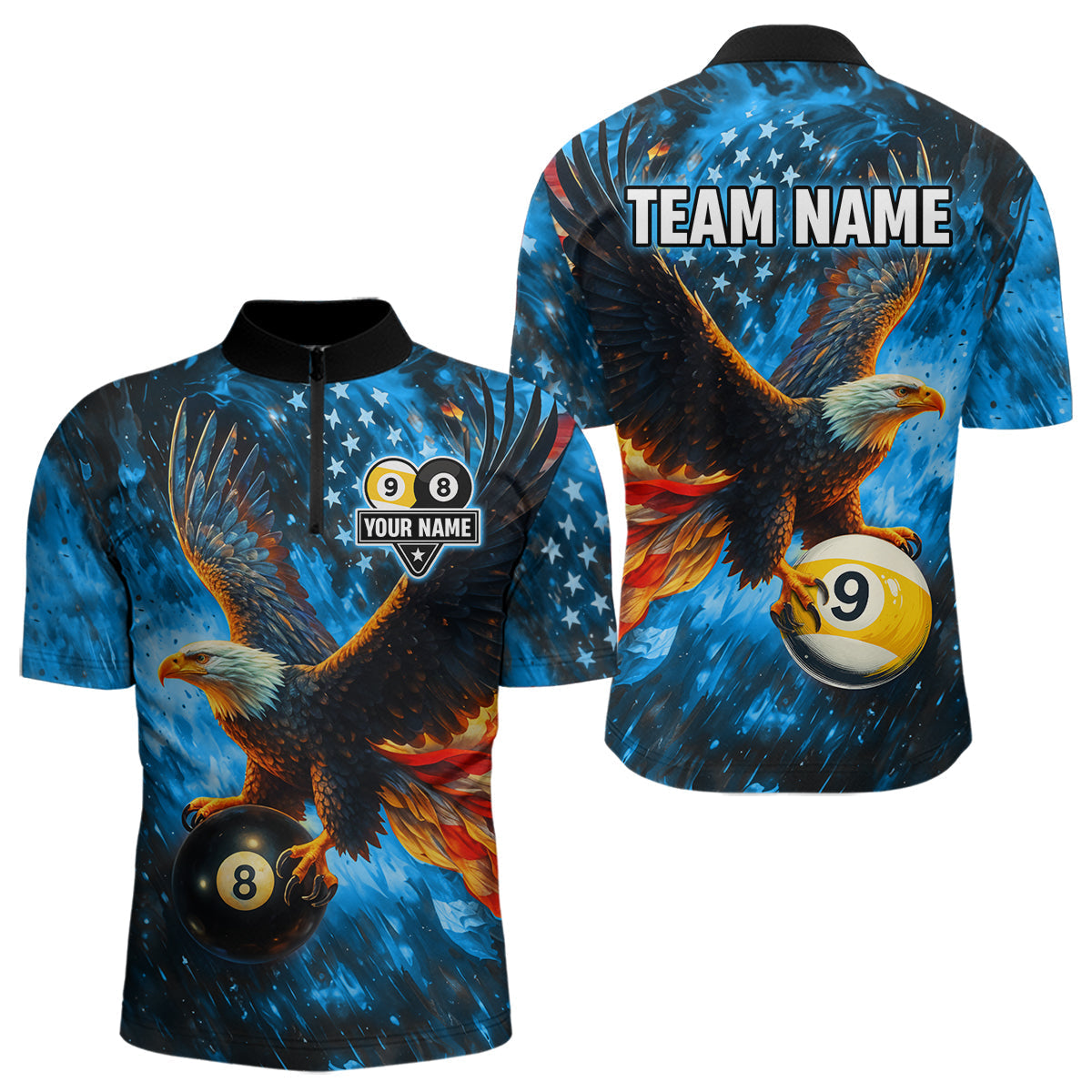 Blisscorners Personalized Blue Flaming US Flag 8 Ball & 9 Ball Eagle Billiard Shirt For Men, Pool Team Jersey LM3006