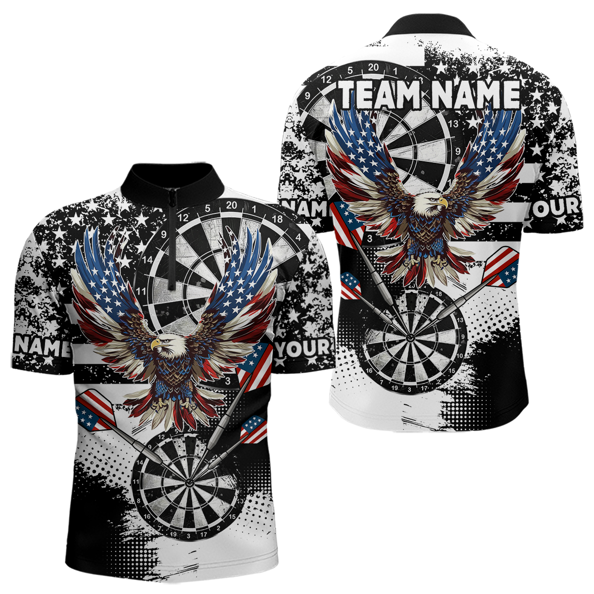 Blisscorners Custom Dart Shirt For Women, Grunge Eagle American Flag Black White Polo, 1/4 Zip Darts Jersey LM154