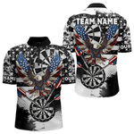 Blisscorners Custom Dart Shirt For Women, Grunge Eagle American Flag Black White Polo, 1/4 Zip Darts Jersey LM154