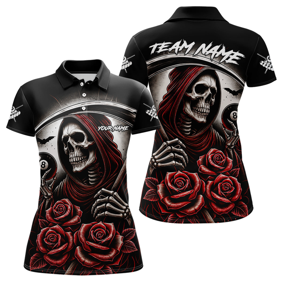 Blisscorners Death Skeleton 8 Ball Pool Roses Billiard Shirt For Men Custom Funny Pool Team Shirt Design |Red MT2306