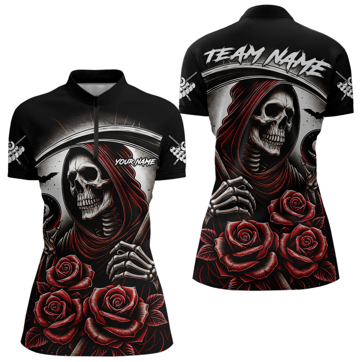 Blisscorners Death Skeleton 8 Ball Pool Roses Billiard Shirt For Men Custom Funny Pool Team Shirt Design |Red MT2306
