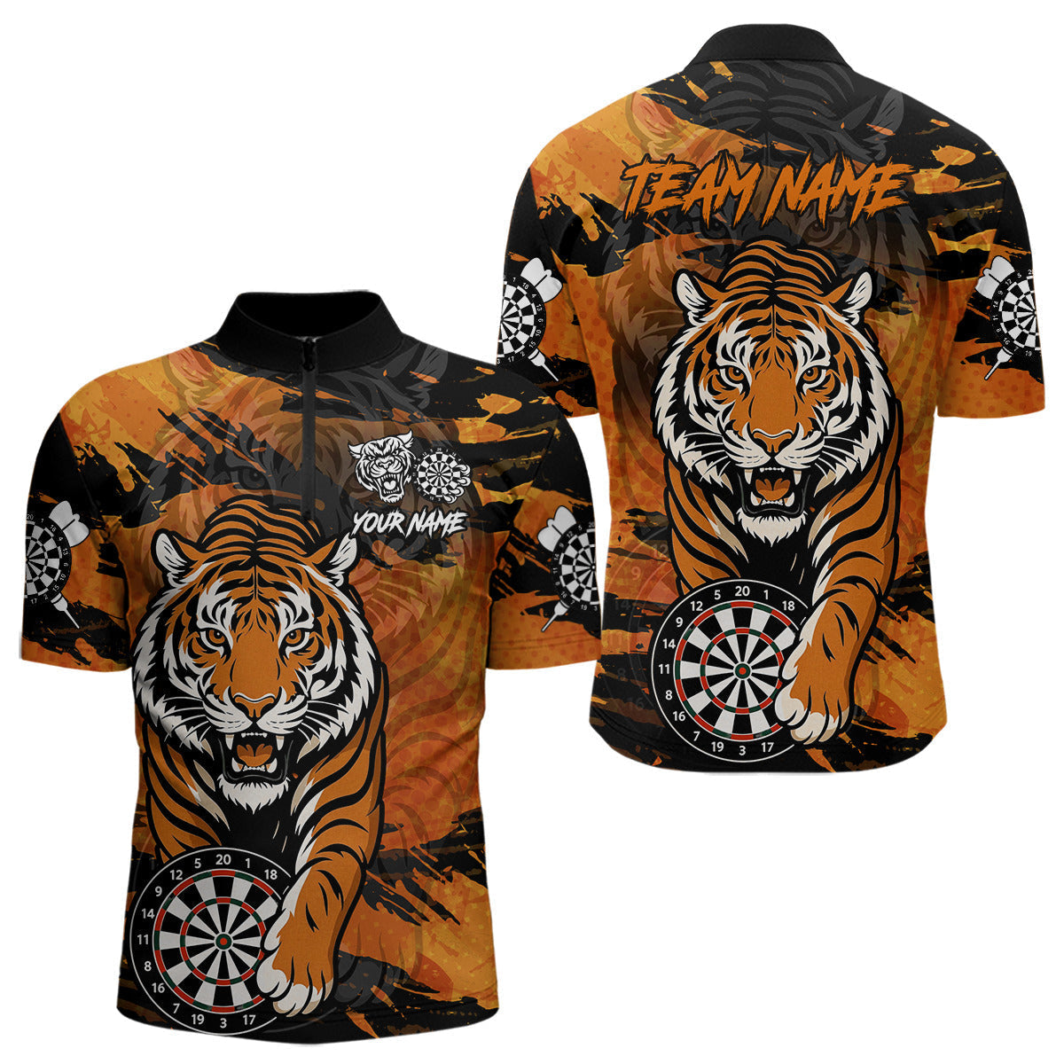 Blisscorners Personalized Black And Orange Tiger Darts Shirt For Men Custom Darts Jersey Team Polo & 1/4 ZipLM3006