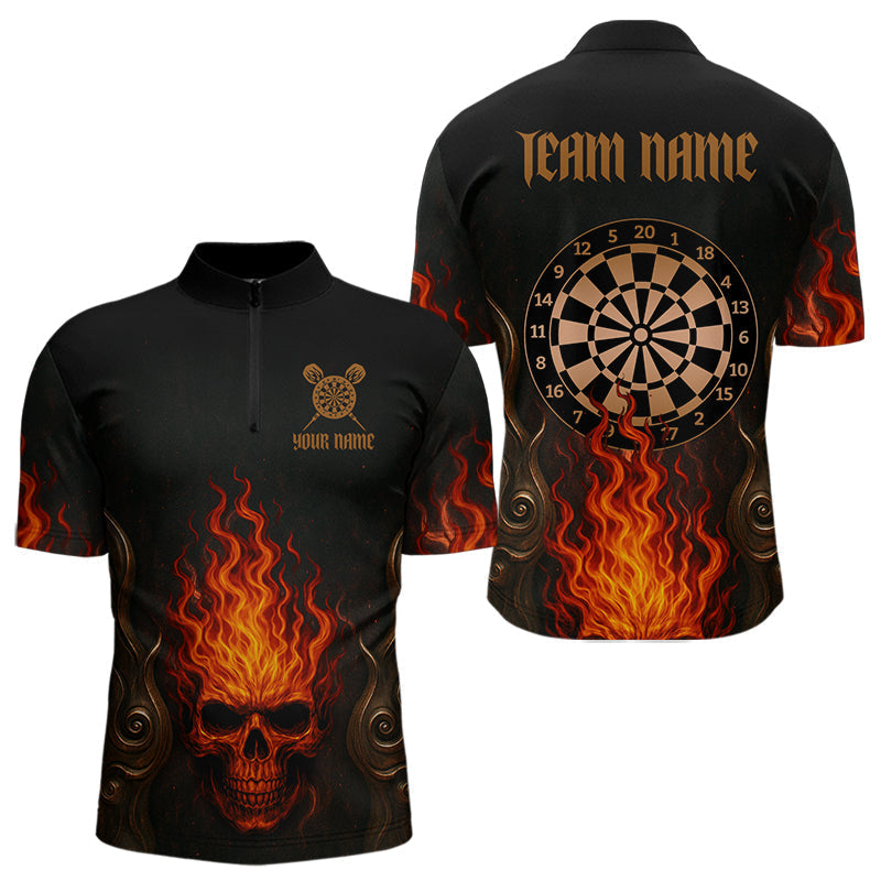 Blisscorners Flame Skull & Dartboard Custom Darts Quarter-Zip Shirt For Men - Darts Team Jersey LM1307
