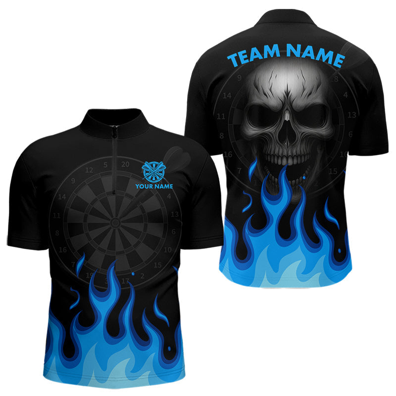 Blisscorners Blue Flaming Dartboard Grey Skull Darts Shirt For Men - Custom Name & Team Jersey LM3006