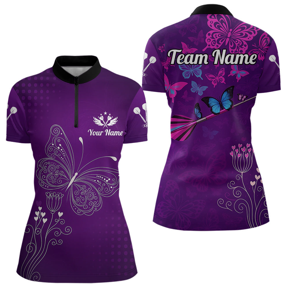 Blisscorners Purple Butterflies Dart Arrow Women's Darts Shirt - Custom Name For Darts Jersey MT1706
