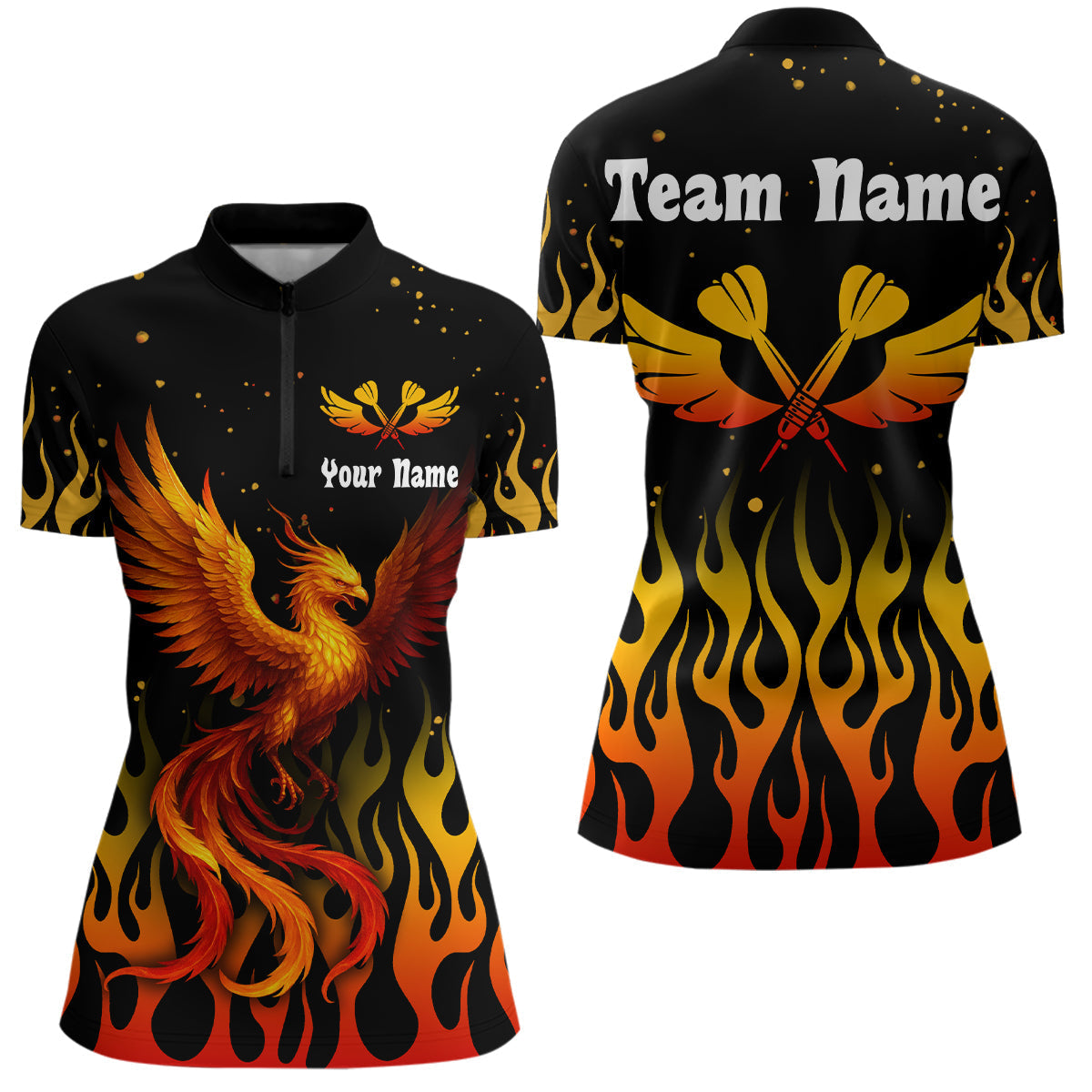 Blisscorners Menâ€™s Darts Team Shirt - Rust Phoenix And Flame Pattern | Custom Name Option
