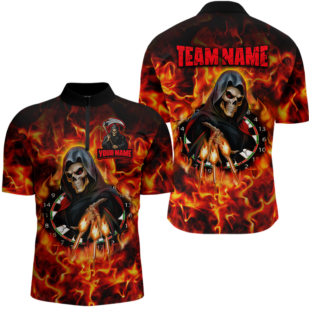 Blisscorners The Grim Flaming Dartboard & Arrows Darts Shirt For Men - Custom Name & Team Jersey LM3006