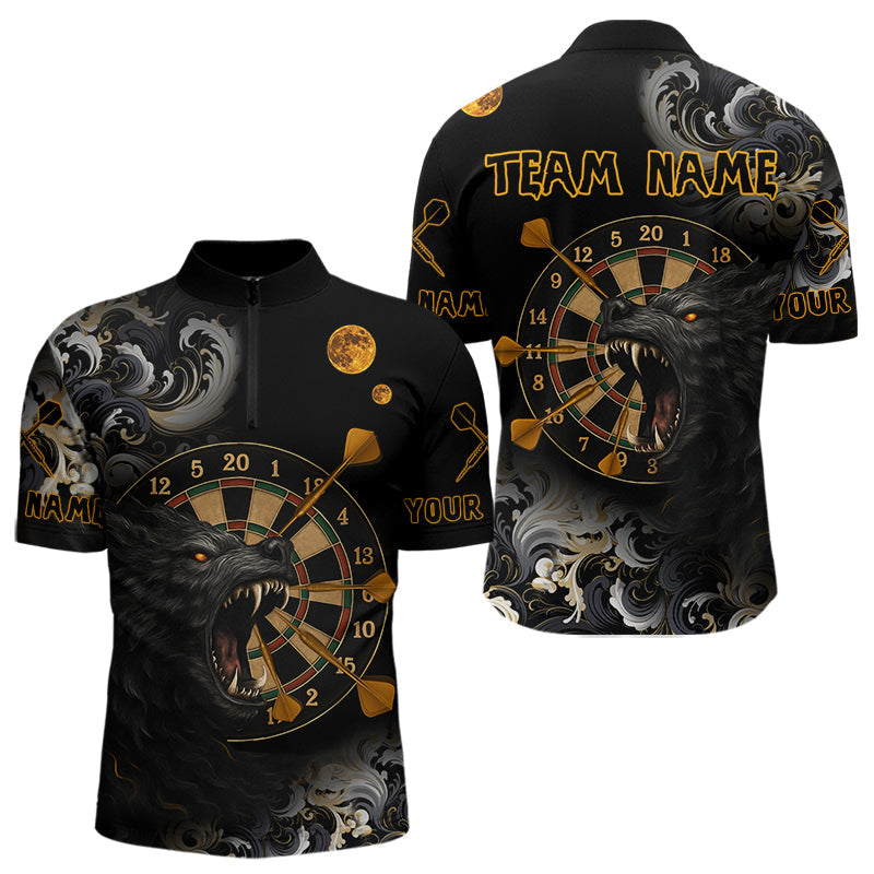Blisscorners Black Ferocious Wolf & Gold Dartboard Darts Team Shirt For Men - Customizable Name