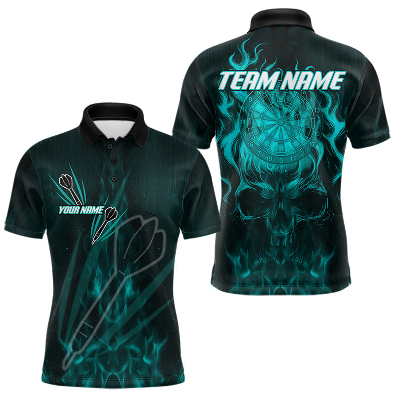 Blisscorners Flaming Skull Dartboard Custom Darts Polo Shirts For Men, Turquoise Darts Jersey MT707