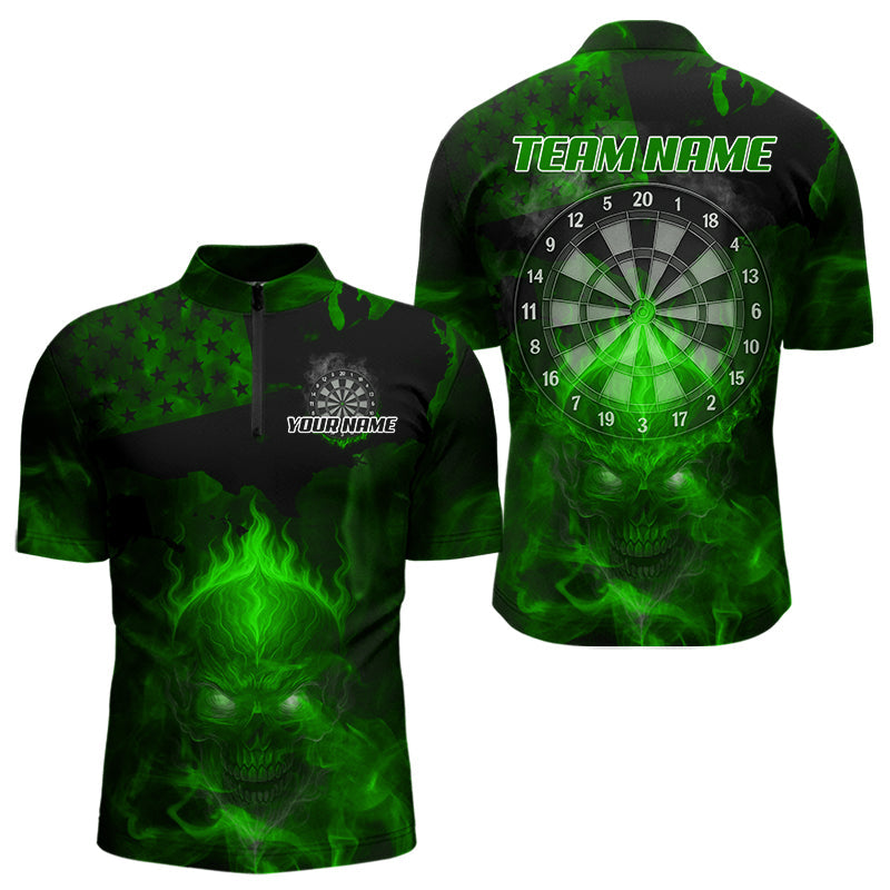 Blisscorners US Flag & Skull Custom Patriotic Green Dart Polo Shirts For Men, Dart Team Jerseys LM2007