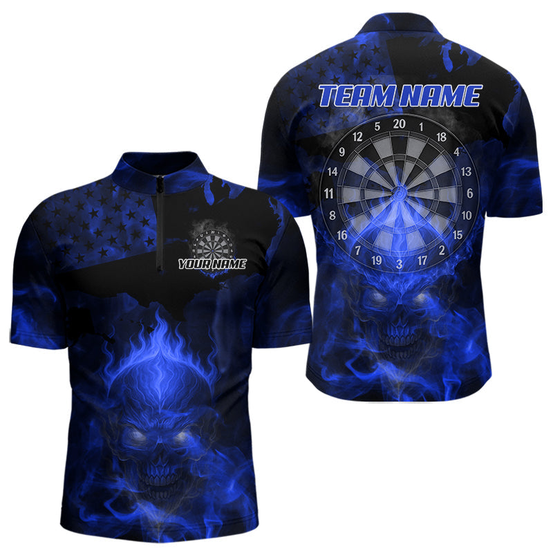 Blisscorners US Flag & Skull Custom Patriotic Blue Dart Polo Shirts For Men, Dart Team Jerseys LM2007