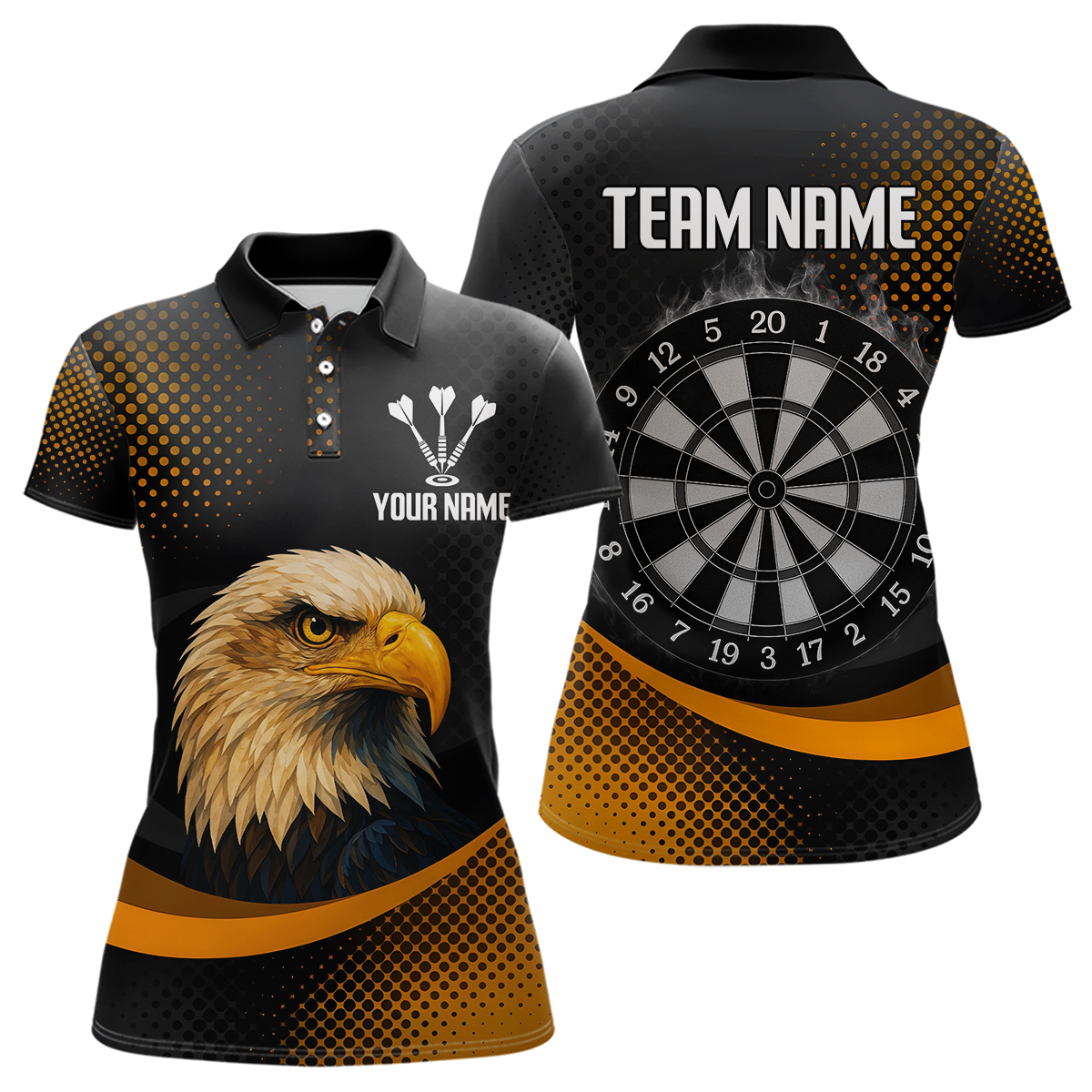 Blisscorners Custom Menâ€™s Darts Shirt, Pearl Eagle With Yellow Halftone And Smoky Dartboard