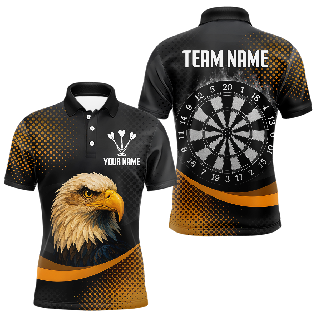 Blisscorners Custom Menâ€™s Darts Shirt, Pearl Eagle With Yellow Halftone And Smoky Dartboard