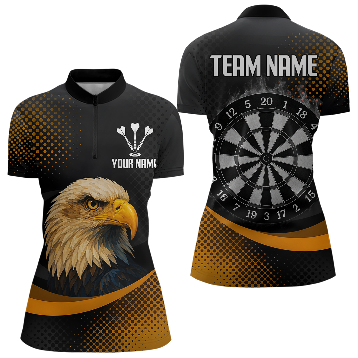 Blisscorners Custom Menâ€™s Darts Shirt, Pearl Eagle With Yellow Halftone And Smoky Dartboard