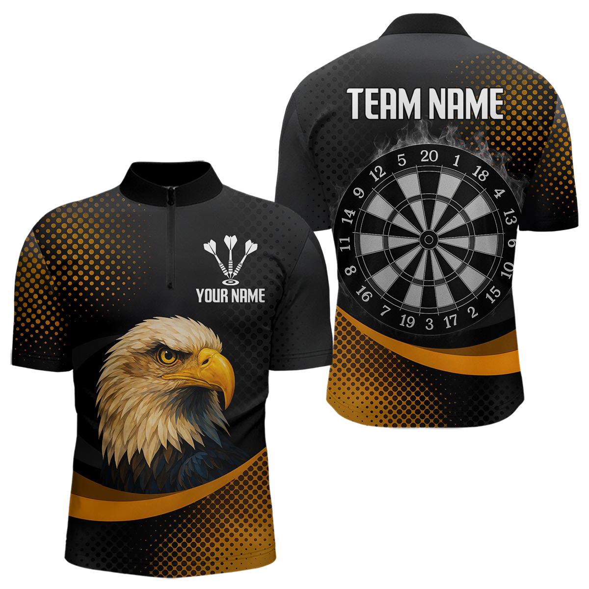 Blisscorners Custom Menâ€™s Darts Shirt, Pearl Eagle With Yellow Halftone And Smoky Dartboard
