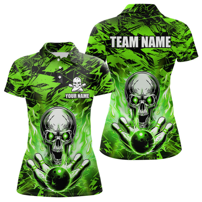 Blisscorners Personalized Green Flame Skull Bowling Jersey Camo Multicolor Polo Bowling Team