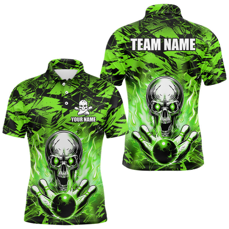 Blisscorners Personalized Green Flame Skull Bowling Jersey Camo Multicolor Polo Bowling Team