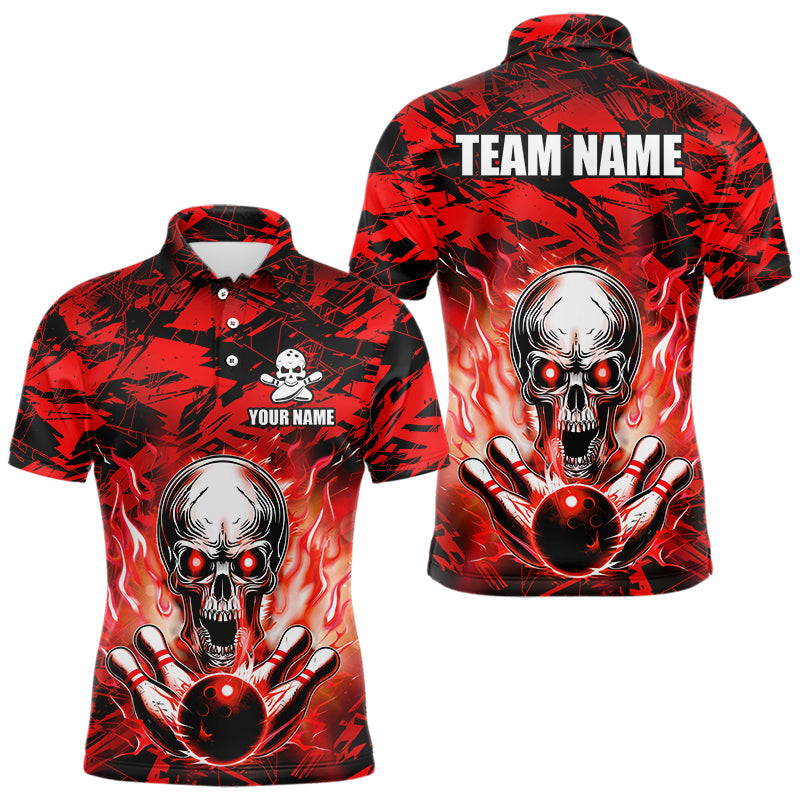Blisscorners Personalized Red Flame Skull Bowling Jersey Camo Multicolor Polo Bowling Team