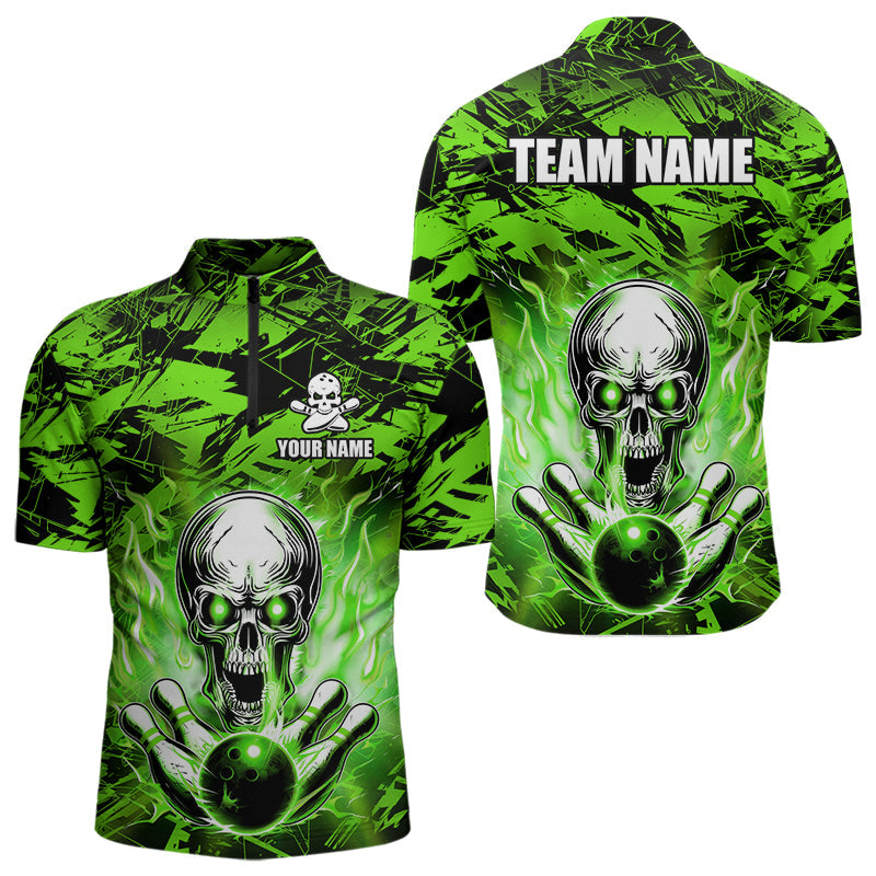 Blisscorners Personalized Green Flame Skull Bowling Jersey Camo Multicolor Polo Bowling Team