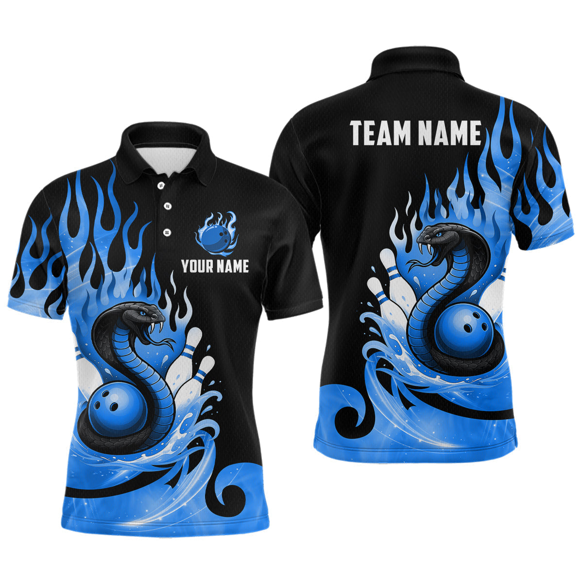 Blisscorners Custom Blue Flame Cobra Snake Bowling Shirt Polo Bowling Team League Bowling Jersey