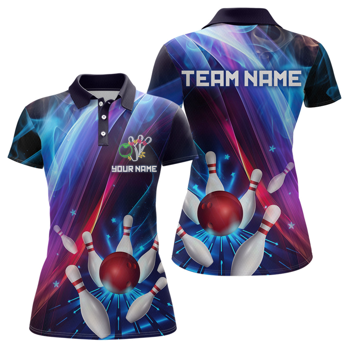 Blisscorners Personalized Galaxy Bowling Pins and Ball Shirt Blue & Purple Neon Polo Bowling Team League